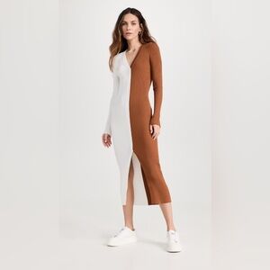 STAUD Long Sleeve Ribbed Dress in Cream and Brown